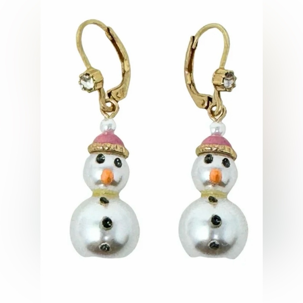 Betsey Johnson Pearl Snowman Dangle Crystal Pink Hat Jingle Bell Bling Earrings